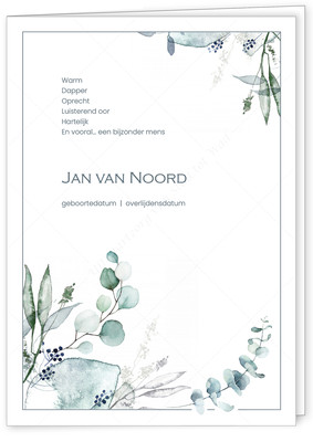 Uit onze collectie: rouwkaart Blaadjes en takjes © - in staand, vierkant, liggend of 2-klap liggend model - tekst en lettertypes zijn voorbeelden.