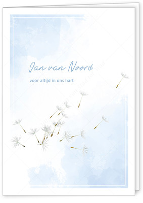 Uit onze collectie: rouwkaart Pluisjes in de wind © - in staand, vierkant of liggend model - tekst en lettertypes zijn voorbeelden.